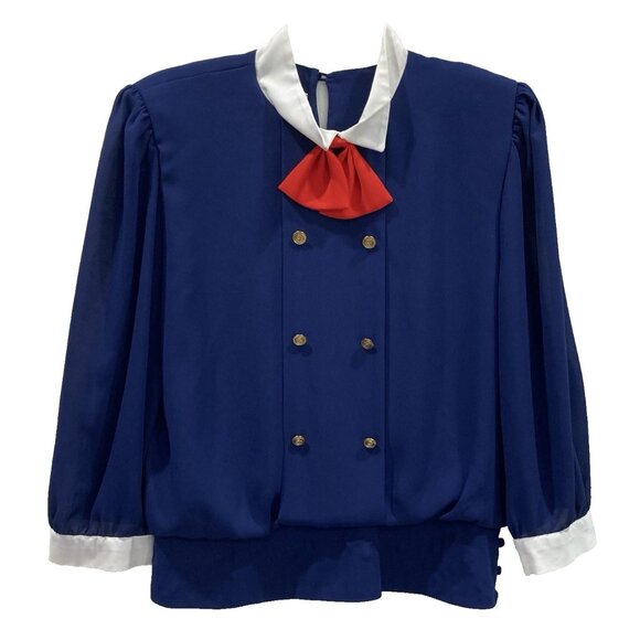 Vtg 80s Blouse size 12 Blue Secretary Puff Sleeve Gold Button Preppy Old Money - Picture 1 of 11